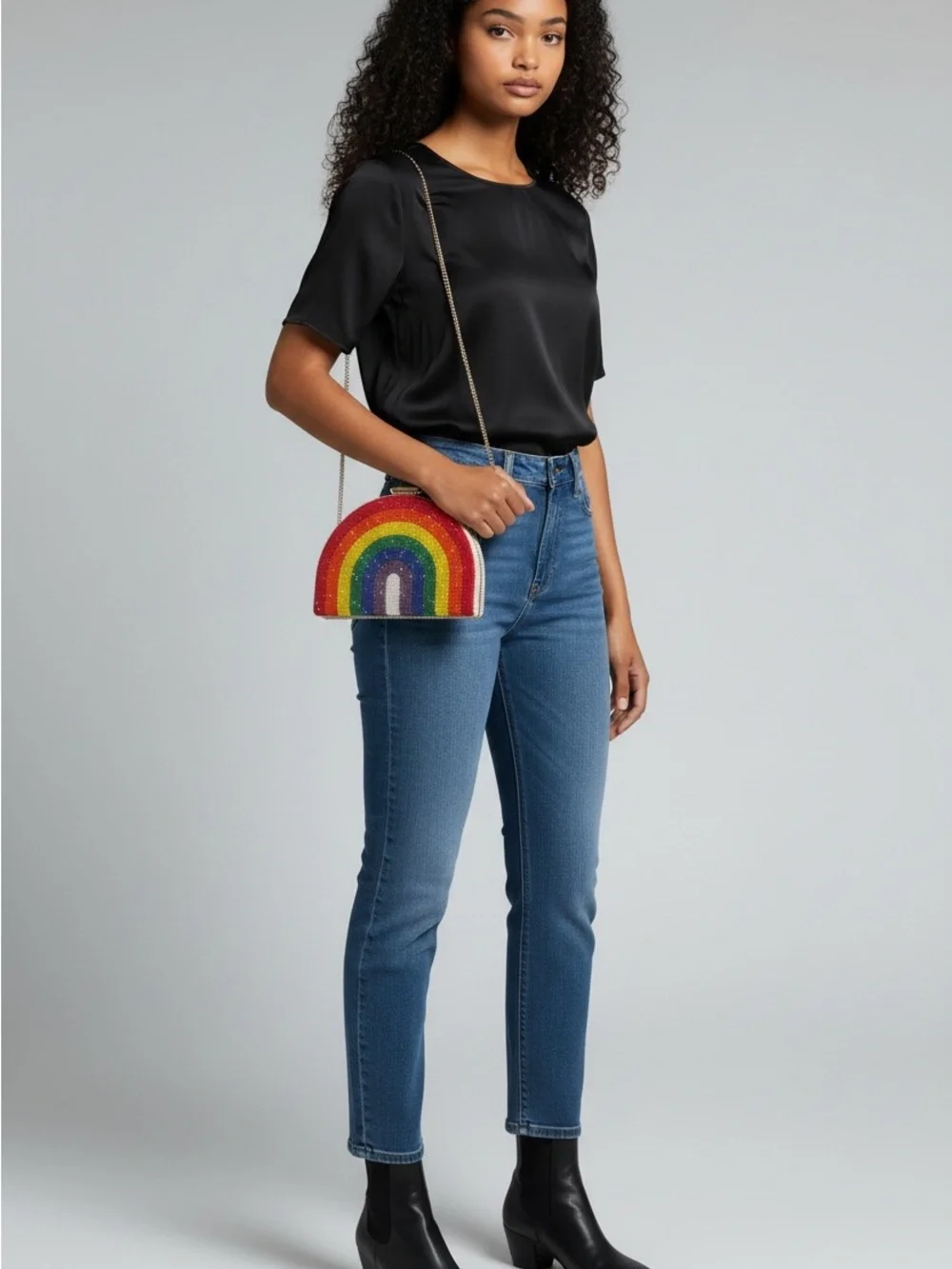Rainbow Crystal Embellished Half-Moon Clutch - Multicolor